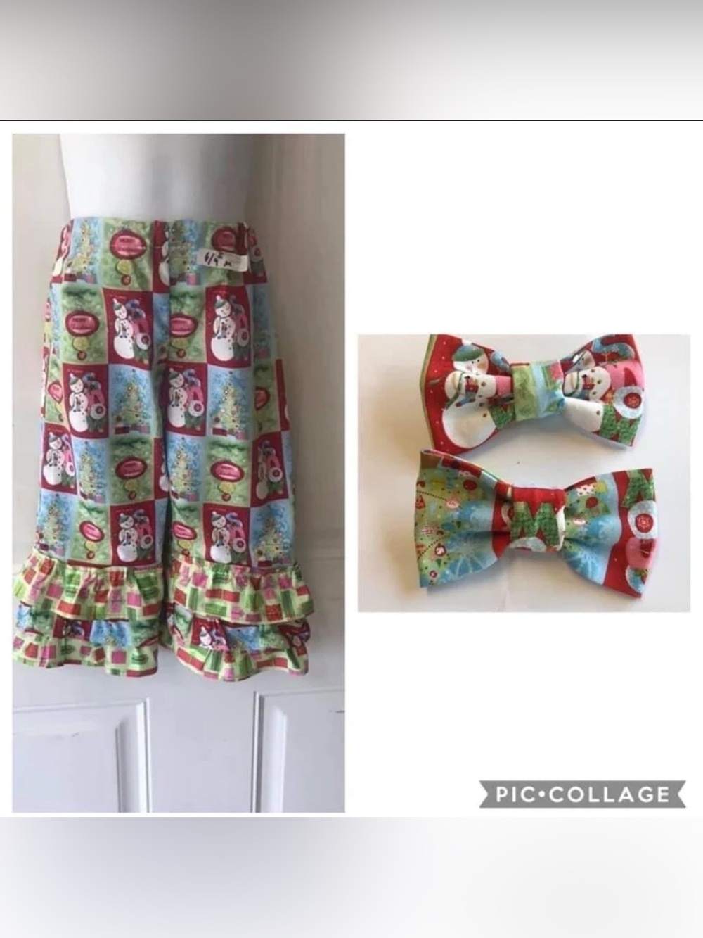 NWOT 6/9m Machine Sewn Green, blue, red snowman/presents 3 ruffle Christmas pant